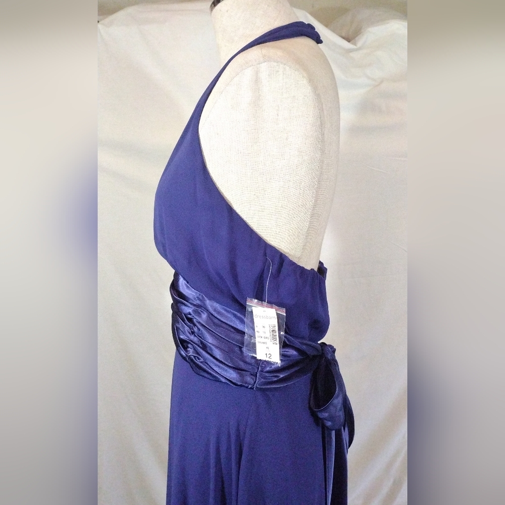 Dressbarn TAG Halter Dress, midi, Blue Satin Waist with Tie, Lined, V-Neck, 12 - Picture 7 of 9